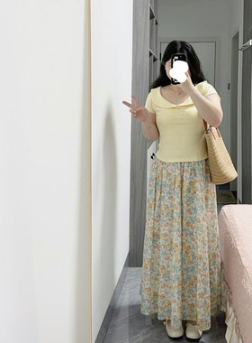夏日时尚大码MM温柔少女风显瘦遮肉两件套新款黄色短袖碎花半身裙