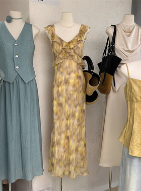 夏日海边度假浪漫风新款黄色荷叶边长裙微胖MM修身显瘦露背连衣裙