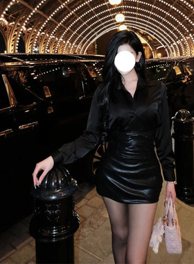 大码mm黑色翻领长袖上衣女装秋季新款纯欲风修身显瘦半身裙两件套