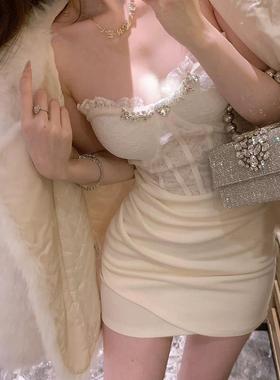 大码微胖纯欲性感蕾丝抹胸连衣裙女夏季新款高级修身显瘦短裙礼服