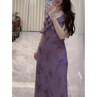 小个子设计感温柔甜美风微胖MM紫色荷叶边V领印花吊带连衣裙 新款