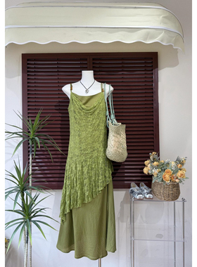 海边沙滩旅游度假纯欲性感气质绿色不规则网纱裙子新款微胖连衣裙