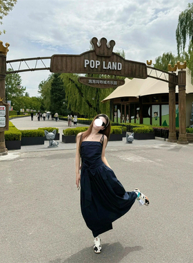 夏季旅游度假舒适感慵懒风蓝色抹胸吊带连衣裙新款绑带长款裙子