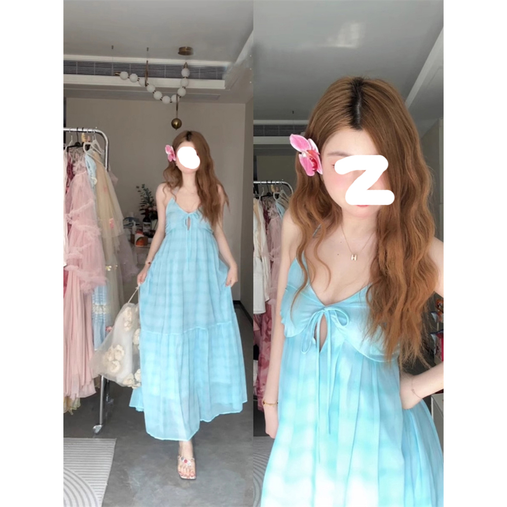新款海岛度假穿搭V领吊带连衣裙女夏日微胖时尚高级感气质收腰裙
