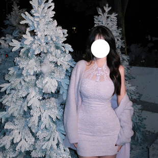 开衫 秋冬收腰显瘦长袖 两件套女 包臀蕾丝挂脖连衣裙套装 微胖mm大码