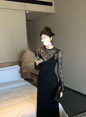 微胖大码法式洋气蕾丝内搭连衣裙黑色吊带裙两件套女夏季新款套装