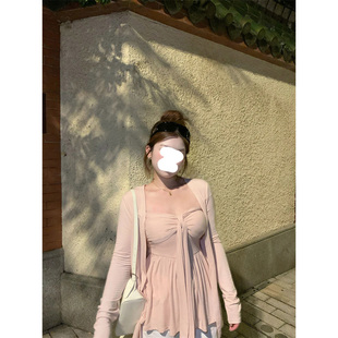 掐腰显瘦减龄两件套 法式 纯欲风微胖扭结褶皱飘带上衣开衫 夏季 新款