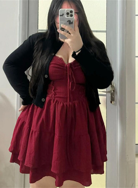 红色蕾丝拼接收腰显瘦裙子黑色百搭开衫两件套女微胖大码甜辣套装