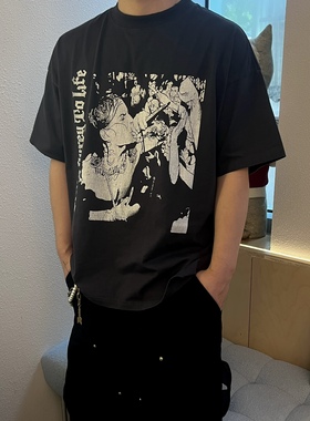 【哥特暗黑】Purey 24ss 白墨印花重金属乐队ERD风做旧破坏短袖