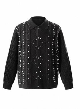 【曙光辉月】TheBoyHasNoPatience TBHNP 珍珠宝石翻领开衫毛衣