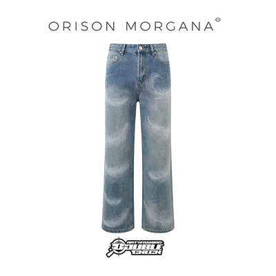 【ORISON MORGANA】Rhinestones羽落幻影烫钻丹宁时尚直筒牛仔裤