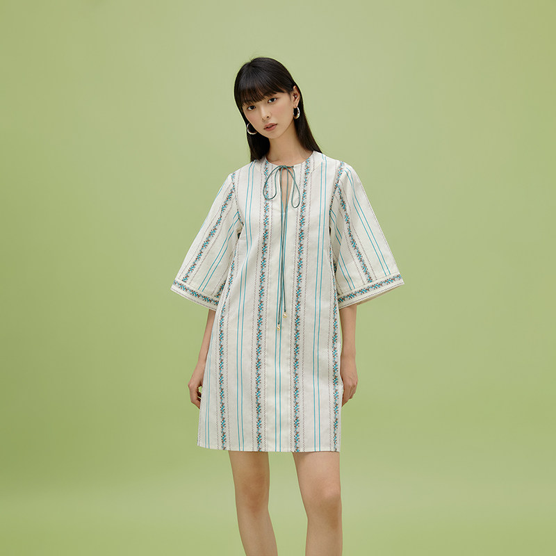 LINRICAL蓝绿条纹绑带宽松连衣裙