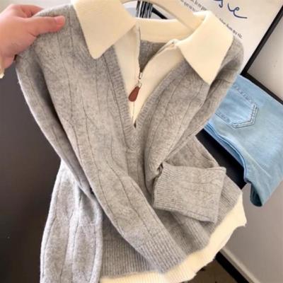 高级感半拉链假两件灰色毛衣女2025秋冬翻领可外穿内搭针织衫上衣