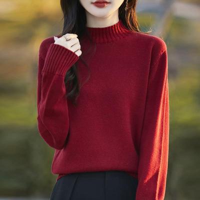 纯棉线半高领加厚针织衫女2024冬季宽松慵懒风开叉毛衣纯色打底衫