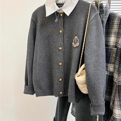 学院风假两件灰色毛衣女秋冬季内搭打底衫上衣polo衬衫领针织开衫