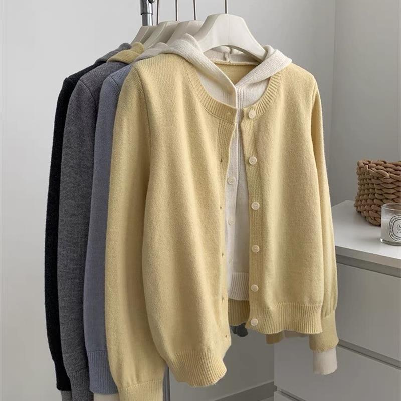 撞色连帽针织开衫女设计感假两件毛衣外套秋季宽松百搭韩系上衣潮