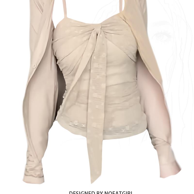 大码胖MM纯欲风蕾丝蝴蝶结吊带背心女早秋新款洋气开衫上衣两件套