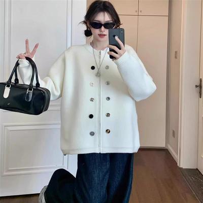 小香风白色毛衣开衫女中长款拉链外套2024秋装慵懒宽松针织衫上衣