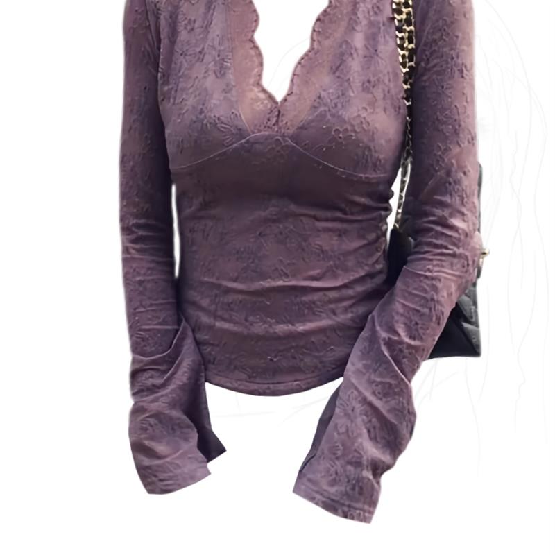 大码胖MM纯欲风V领蕾丝衫女秋冬季新款修身高级感内搭打底衫上衣