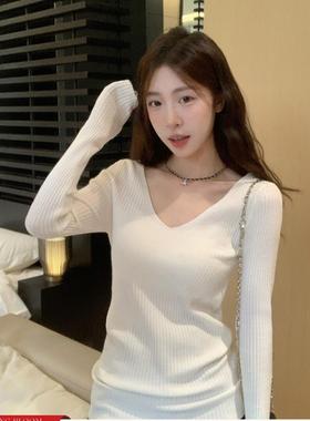 morning bloom白色双v领针织衫女秋季2025新款长袖打底衫内搭上衣