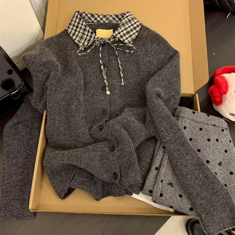 高级设计感格纹拼接polo领系带长袖女韩系立体纽扣针织衫外套上衣