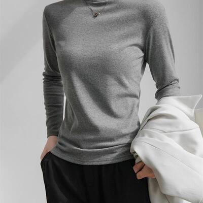 灰色纯棉半高领打底衫女内搭长袖t恤秋冬2025新款高级感保暖上衣
