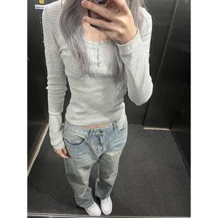 甜辣bm短款 美式 打底衫 T恤女早春修身 上衣 复古灰色条纹纽扣U领长袖