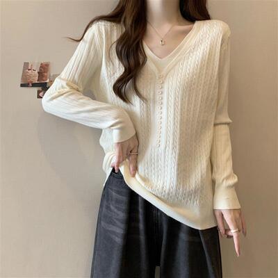 大码v领针织打底衫女春秋冬麻花毛衣内搭胖mm宽松遮肚子长袖上衣