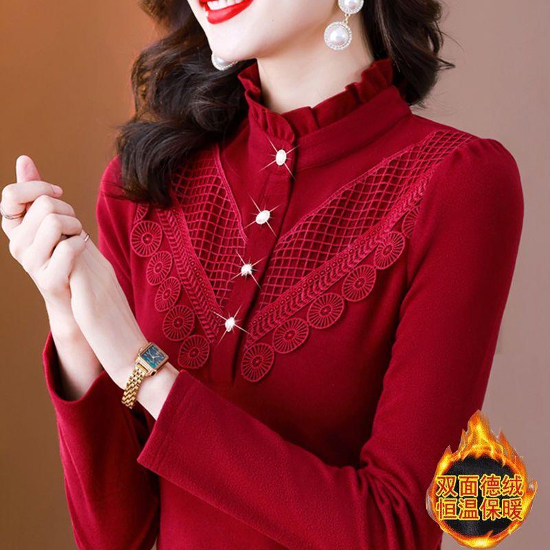 新款红色内搭半高领德绒打底衫女时尚妈妈秋冬装洋气长袖保暖上衣