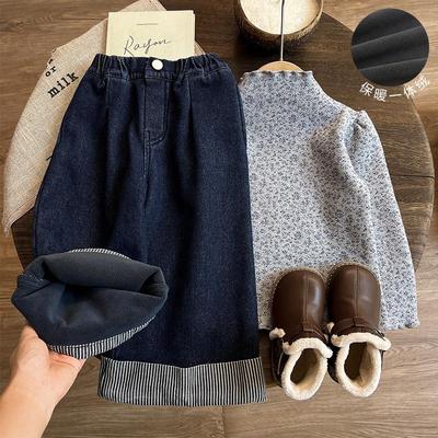 女童加绒裤子冬季加厚儿童一体绒牛仔裤秋冬款女宝宝冬装2024新款