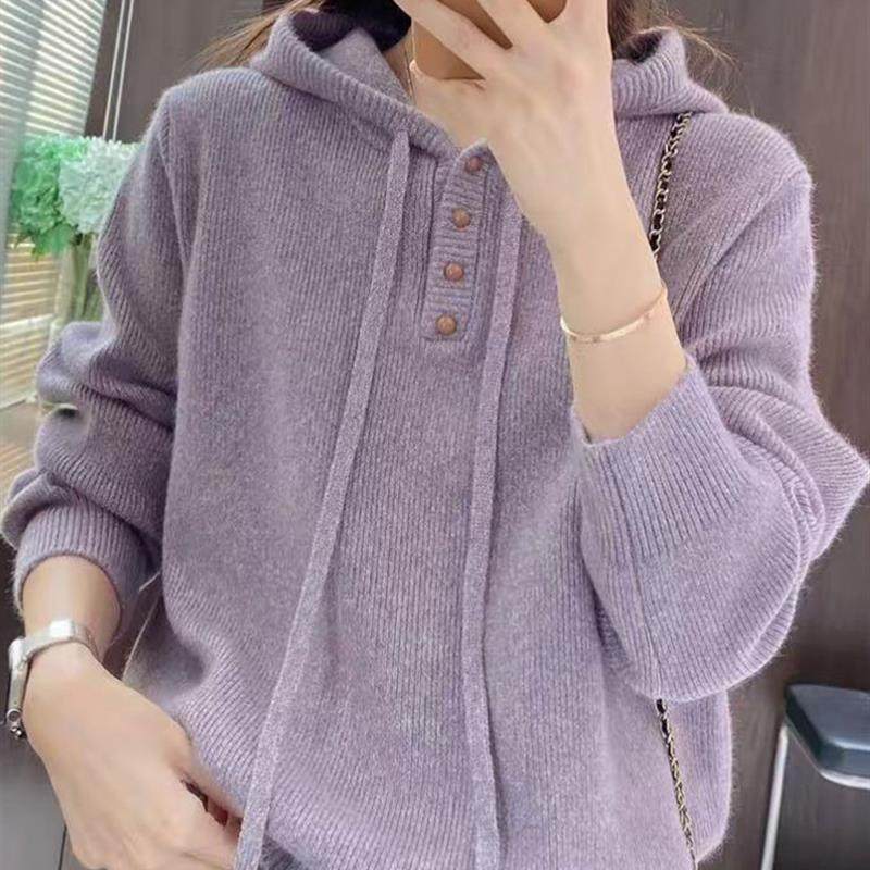 紫色连帽毛衣女士秋冬宽松慵懒风软糯减龄显瘦内搭打底针织衫上衣