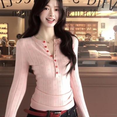 粉色v领长袖针织衫上衣女秋冬甜辣风修身显瘦打底内搭巨好看毛衣