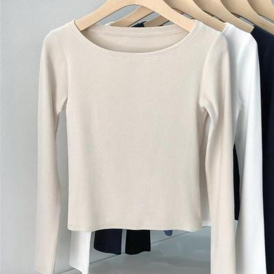 船领长袖T恤女2025秋季新款 修身针织螺纹短款上衣打底衫外穿纯棉