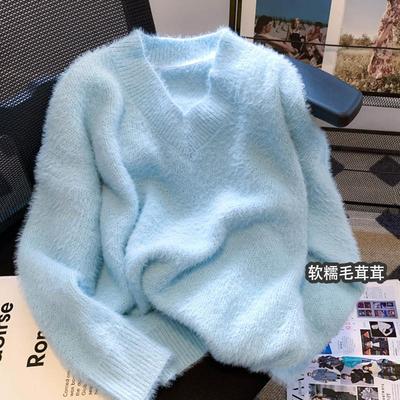 温柔软糯蓝色毛茸茸套头毛衣女冬季宽松慵懒马海毛V领针织衫上衣