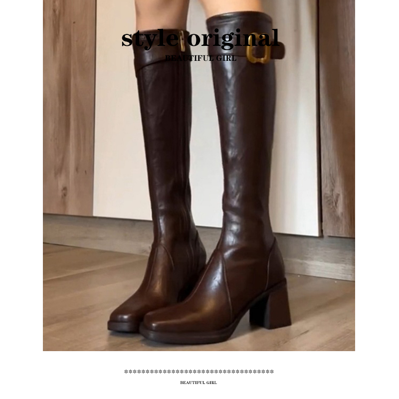 秋冬显瘦粗跟方头高筒骑士靴女