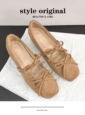 增高5CM蝴蝶结一字带方头芭蕾单鞋女2025新款晚晚风绒面玛丽珍鞋