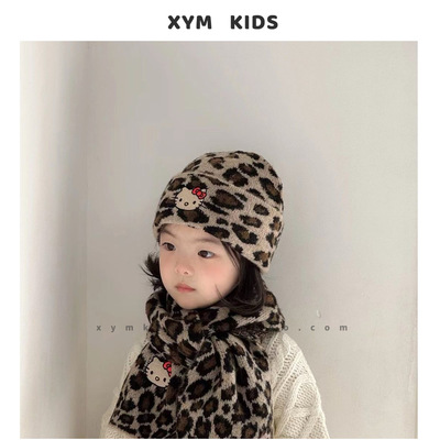 ins豹纹kitty儿童围巾帽子女童针织护耳套头帽时髦宝宝冬保暖套装