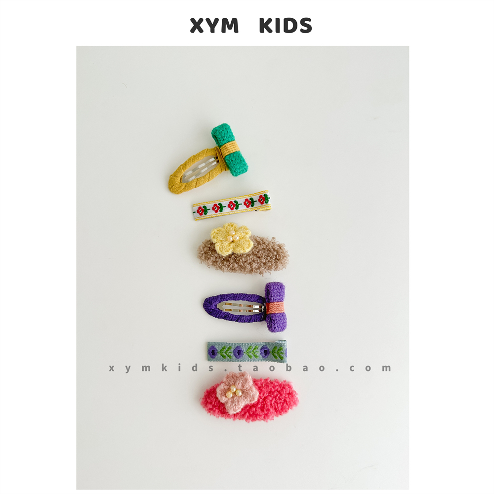 ins儿童秋冬新款小花朵刺绣毛毛发夹3件套宝宝发卡小众女童刘海夹