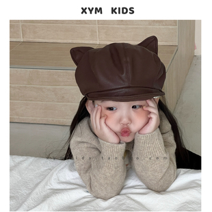 甜酷小狐狸~超软pu皮儿童猫耳朵八角帽女童洋气贝雷帽宝宝画家帽