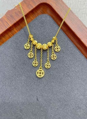 猫眼钱币流苏项链宫廷风河流金色猫眼珠时尚气质感新款项链