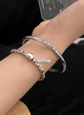 简约字母手镯女复古时尚叠戴碎银豆豆S925镀银手环手链百搭手饰