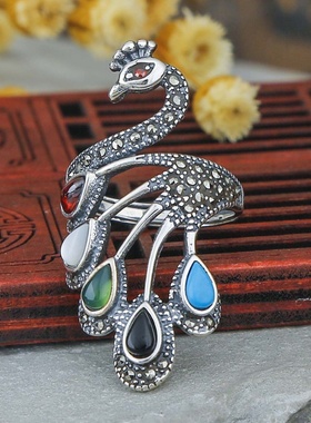 925纯银孔雀戒指女复古夸张开口凤凰食指戒指红石榴锆石大气指环