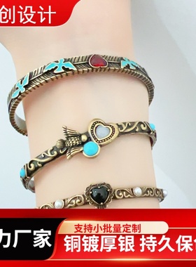 轻奢系列复古鸟衔做旧设计珍珠爱心蓝色爱心飞鸟网红同款开口手镯