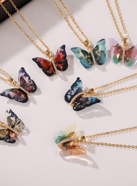 新款跨境设计感彩色树脂蝴蝶铜材质吊坠微镶锆石百搭小众个性项链