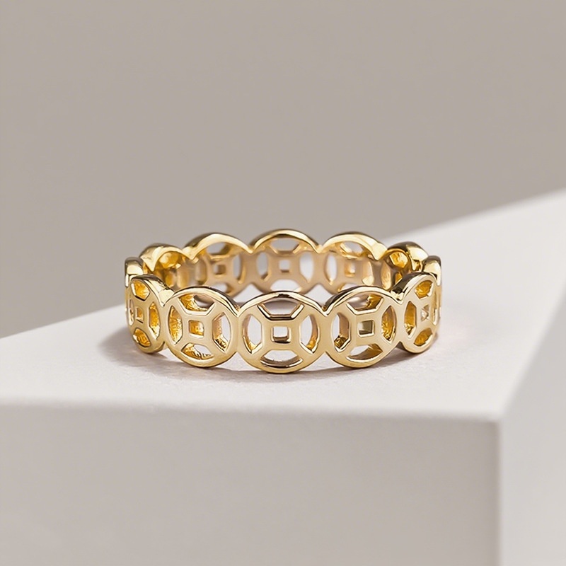 辉之翼珠宝S925银镀金极简风新中式国潮古币戒指环可叠戴搭配款女