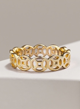 辉之翼珠宝S925银镀金极简风新中式国潮古币戒指环可叠戴搭配款女