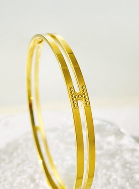 时尚cnc双环字母h镜面金手镯女款精品感女士闭口手环首饰