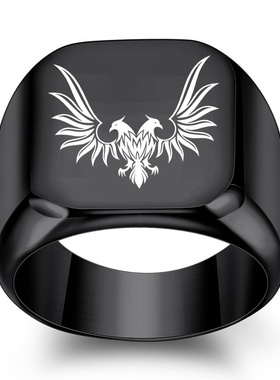 欧美双头鹰个性钛钢戒指男士复古朋克方形18mm学生潮男指环女