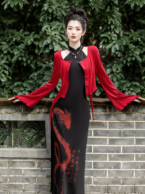 现货中式国风挂脖削肩针织暗黑收腰设计龙年改良旗袍连衣裙礼服裙