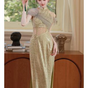 高级雾翠气质无袖飘带绿色亮片仙气新中式改良旗袍夏长裙跳舞蹈裙